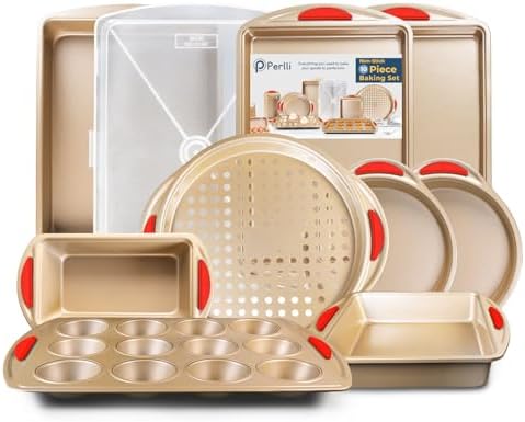 Perlli 10 Piece Baking Set - Nonstick Gold Steel Oven Bakeware With Silicone Handles, Cookie Sheets, Round Cake Pans, 9x13 Pan With Lid, Loaf Pan, Deep Pan, Pizza Crisper, Muffin Pan by PERLLI