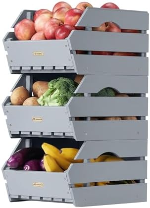 Wood Potato Onion Storage Bins - Wooden Stackable Produce Basket - Fruit Vegetable Storage for Kitchen Pantry Organization, Set 3 Pieces by HABAU