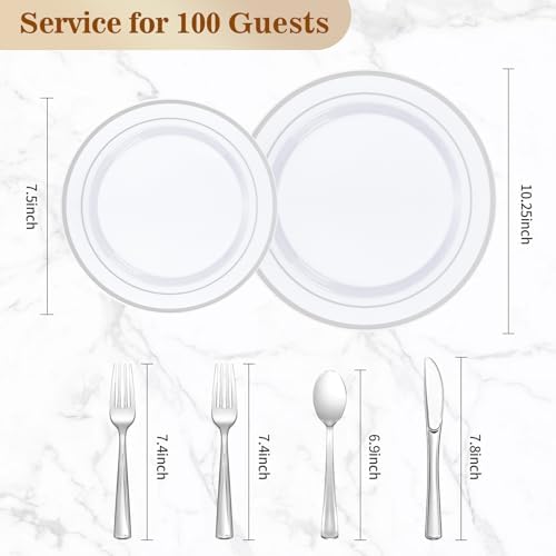 BESTVIP 600PCS Silver Plastic Plate Set (100 Guests), Disposable Plates for Party Wedding Birthday, Dinnerware Set of 200 Plastic Plates, 200 Forks, 100 Spoons, 100 Knives for Christmas - Image 4