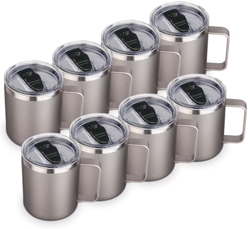 Volhoply 14oz Insulated Stainless Steel Coffee Mug with Lid Bulk 8 Pack,Double Wall Vacuum Travel Coffee Cup with Handle,Reusable Metal Cups Tumbler,Camping Mugs Keep Hot,Ideal Gifts(Gray,8 Set) by LiveFully%EF%BC%8CDrinkFreely%E2%80%94KeepGoingwithVolhoply%EF%BC%81