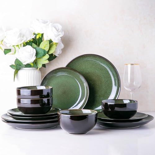 LeRatio Ceramic Dinnerware Sets for 4,12Pcs Porcelain Plates and Bowls Set by LeRatio
