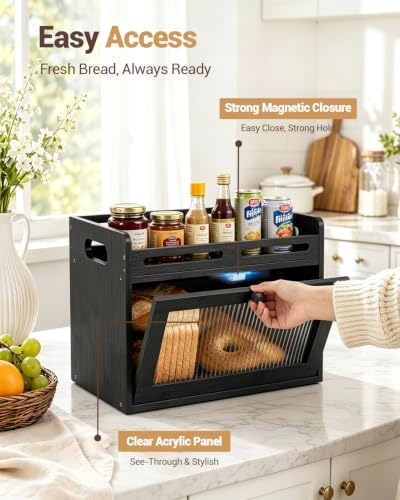 Bread Box for Kitchen Countertop, Bamboo Storage with Top Shelf, Black - Image 4
