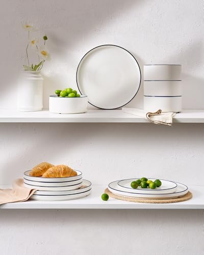 Famiware Porcelain 24-Piece Dinnerware Set, White with Blue Trim - Image 5