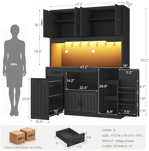 Fluted Kitchen Pantry Cabinet with Charging Station & LED Light, 47" Wide Kitchen Pantry Storage Cabinet with Countertop, Microwave & Appliance Storage, Food Pantry Cabinet for Dining Room ,Black - Image 2