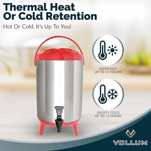 Vollum Stainless Steel Insulated Beverage Dispenser – Insulated Thermal Hot and Cold Coffee Carafe – 8 Liter Drink Dispenser with Spigot for Hot Water, Tea & Coffee, Cold Milk, Juice & More RED - Image 3