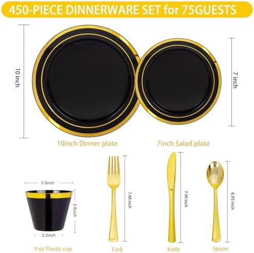 WELLIFE Black and Gold Plates, Plastic Dinnerware Set for 75 Guests - Image 2