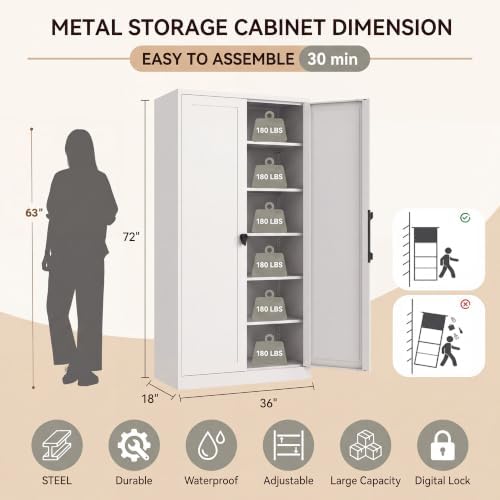 KAER Metal Storage Cabinet with Lock, 72" Steel Lockable Garage Storage Cabinet with 2 Doors & 5 Adjustable Shelves, White Freestanding Tool Storage Cabinet for Garage, Home Office, Kitchen, Warehouse - Image 2