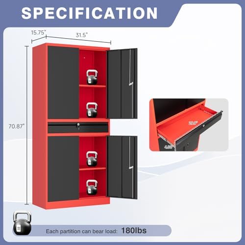 Metal Garage Storage Cabinet with Locking Doors and Drawer, 71" Steel Tool Storage Cabinet with Adjustable Shelves for Garage,Office,Warehouse (Red Black) - Image 3