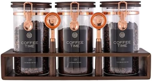 3 Piece Airtight Glass Coffee Canister Set, 42oz Food Safe Storage Jars with Wooden Shelf & Scoop, Sealed Countertop Organization Canisters for Coffee Beans, Tea, Sugar by Flmeyaza