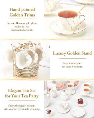 DUJUST 22 pcs White Porcelain Tea Set for 6, Luxury British Style Tea/Coffee Cup Set with Golden Trim, Beautiful Tea Set for Women, Tea Party Set, Gift Package (With a Stand) - Image 5