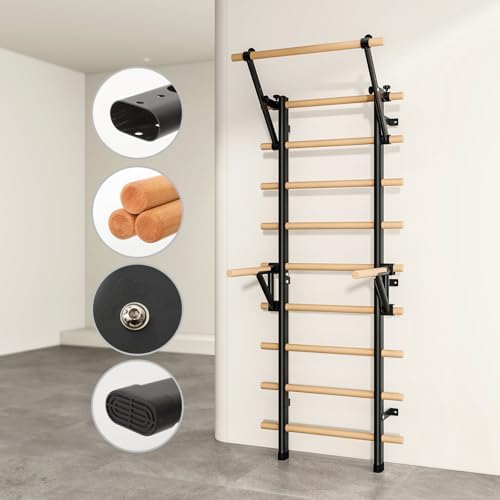 DHT Wood Stall Bar, Swedish Ladder Suspension Trainer with 9 Strategic Rods, for Home, Gym, School and Clinics, Black - Image 4