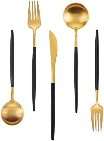 Matte Gold Silverware Set With Black Handle, IBIILII JEFF 20 Pieces Stainless Steel Flatware Set For 4，Kitchen Utensil Set, Tableware Cutlery Set, Knife Spoons And Forks Set, Dishwasher Safe by IBIILII+JEFF