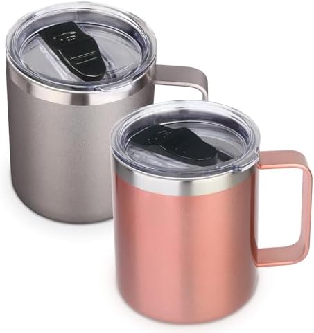 Volhoply 14oz Insulated Stainless Steel Coffee Mug with Lid Bulk 2 Pack,Double Wall Vacuum Travel Coffee Cup with Handle,Reusable Cups Tumbler,Camping Mugs Keep Hot&Cold,Ideal Gifts(MIX,2) by LiveFully%EF%BC%8CDrinkFreely%E2%80%94KeepGoingwithVolhoply%EF%BC%81