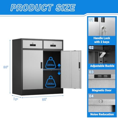 BESFUR Metal Storage Cabinet with Doors and Shelves, 36" H Locking Storage Cabinet with 2 Drawers, Reinforced Heavy Duty Metal Cabinets for Garage, Office, Home(Black and Silver) - Image 3