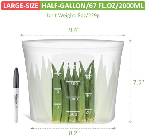 Reusable Food Storage Bags Half-Gallon, 4 Pack 100% Silicone Food Storage Bags Stand-Up Wide-Mouth Zip-Lock for Large Items, 67 fl.oz/2000 ml, Freezer Microwave Oven Dishwasher Safe, Translucent - Image 3