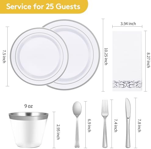 Goodluck 175 Pcs Silver Dinnerware Sets for 25 Guests, Disposable Plate Set - Image 2