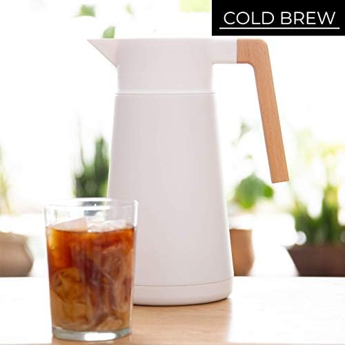 Thermal Coffee Carafe Brews Up to 68 Oz Insulated, Beechwood Handle, White - Image 4