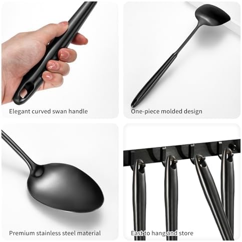 304 Stainlss Steel Matte Kitchen Utensils Set, 12 Pcs Long Metal Cooking Utensil Gadgets Tools Set with Spatula, Ladle, Spoon, Ladle, Skimmer, Tunner, Pasta Server, Tongs(Black, Dishwasher Safe) - Image 5