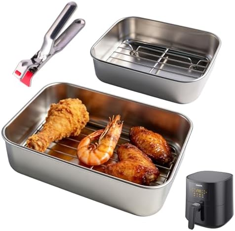 Stainless Steel Casserole Dish for Airfryer 2-Piece Set with Drip Rack & Sealing Lid, Hot Air Fryer Accessories for Ninja Cosori Philips - BPA-Free, Odourless, Robust & with Heat Protection Handles by OCCOUMR