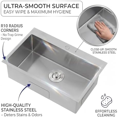 VAPSINT 22x18 Inch Drop In Kitchen Sink, 22 Inch 16 Gauge T304 Stainless Steel Topmount Small Kitchen Bar Sink, Handmade Single Bowl Outdoor RV Laundry Utility Prep Sink with Basket Strainer - Image 7