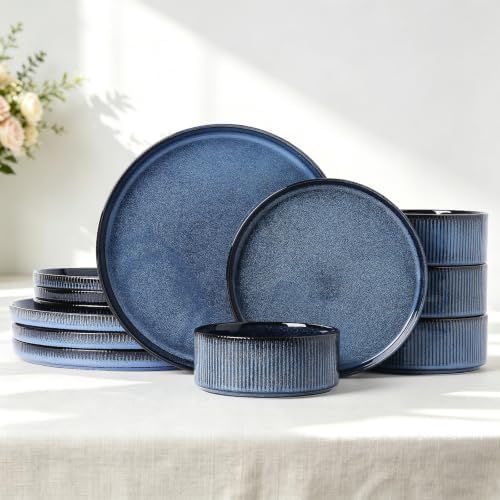 Stoneware Dinnerware Sets for 4, 12Pcs Plates and Bowls Set, Midnight Blue by ALOFMO