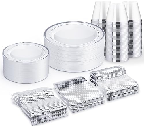 WELLIFE Silver Plates, Plastic Dinnerware Set for 50 Guests, 300 PCS by WELLIFE