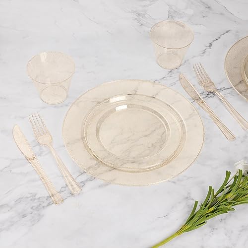 Goodluck 350 Piece Gold Glitter Plastic Dinnerware Set for 50 Guests - Image 6