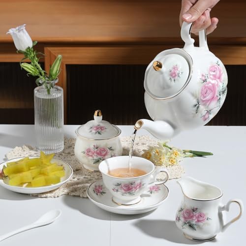 Sweejar Porcelain Tea Set Vintage Floral, British Relief Gold Rim Teapot Cup and Saucer Sets, 22-Piece Tea Sets for Adults, with Teapot, Sugar Bowl, Milk Jug, Spoons, Cup and Saucer (Pink Flower) - Image 4