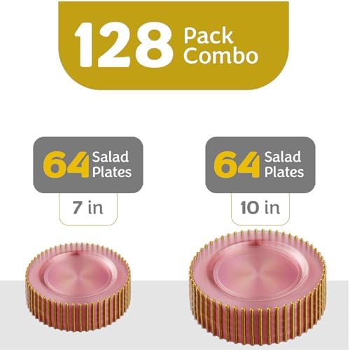 PLASTICPRO 128 Piece Combo Plastic Dinner Plates Disposable Plastic Fancy Heavy Duty Party Dishes 7 inch and 10 inch, Translucent Pink and Gold Beaded - Image 5