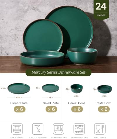Famiware Mercury 24-Piece Dinnerware Set with Pasta Bowls, Dark Green - Image 2