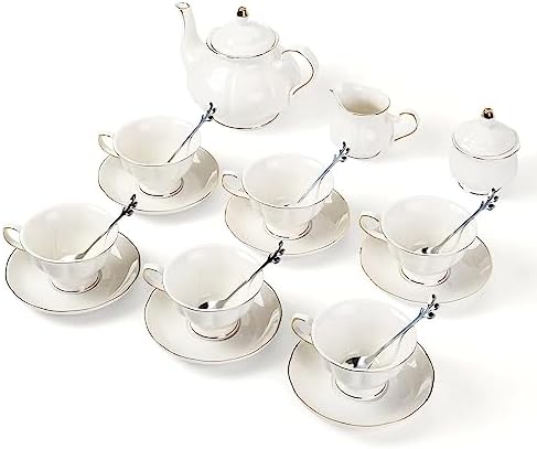 CHENP.HMC Tea Set 22-Piece Porcelain Ceramic Coffee Tea Gift Sets Cups Saucer Service for 6 Teapot Sugar Bowl Creamer Pitcher and Teaspoons (White) - Image 2