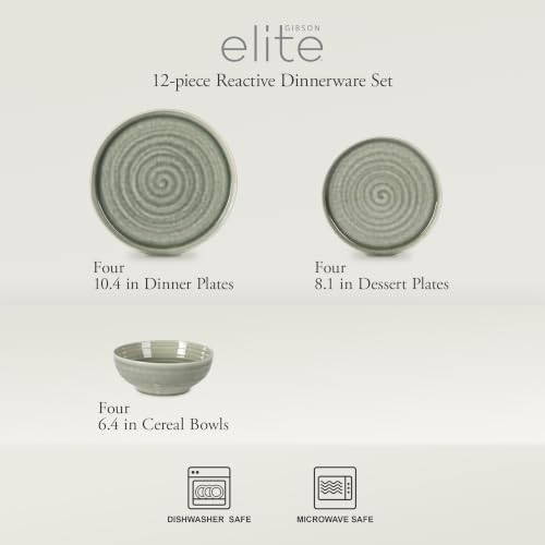 Gibson Elite Eclipse Swirls Plates and Bowls Sets, 12-Piece Stoneware Dinnerware Sets, Reactive Glaze Dish Set - Green - Image 2