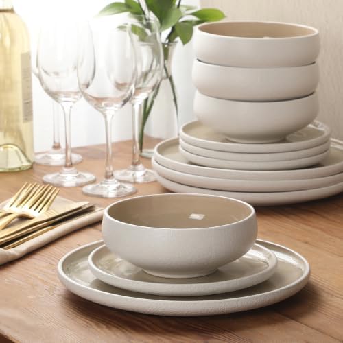 Gibson Elite Pacifico Beach 12-Piece Stoneware Dinnerware Set, Reactive Glaze Plates & Bowls, Taupe, Artisan Stone-Textured Exterior - Image 5