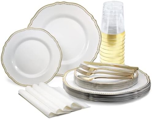 " OCCASIONS " 200pcs set (25 Guest)-Wedding Disposable Plastic Plates & cutlery - 10.25'', 7.5'' +paper napkins, Gold rim cups & Silverware (Rochelle White and Gold) by OCCASIONSFINESTPLASTICTABLEWARE