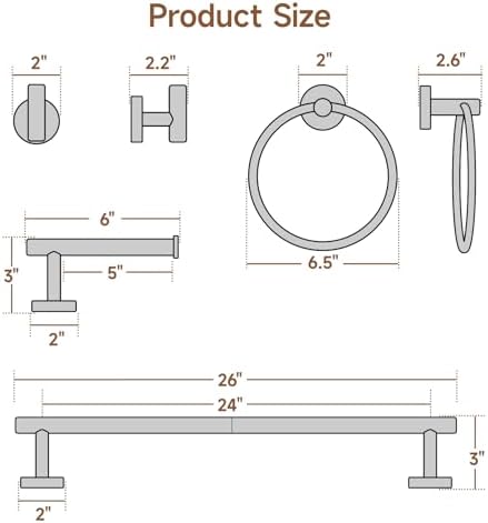 USHOWER 8PCS Brushed Nickel Bathroom Hardware Set, 24-Inch Towel Bar Set - Image 2