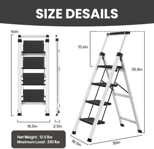 XinSunho 4 Step Ladder Folding Aluminum Stool Retractable Handrail - Image 2