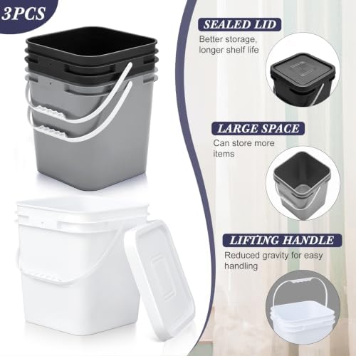 Mumufy 3 Pcs 3.5 Gallon Square Food Grade Bucket with Lid, Black,Gray,White - Image 3