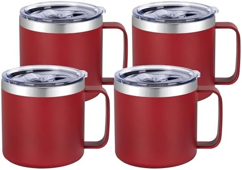 VEGOND 14 oz Insulated Coffee Mug Bulk with Handle, Stainless Steel Travel Coffee Mug with Lid, Double Wall Vacuum Metal Coffee Cup, Coffee Tumbler Powder Coated, Red 4 Pack by VEGOND
