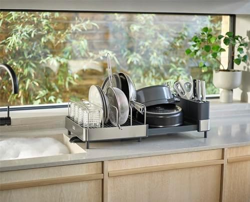 Joseph Joseph Extend Max Steel Expanding Dish Drying Rack, high Capacity for Large Items, Cutlery and Knife Holder, Swivel Draining Spout, Stainless Steel - Image 3