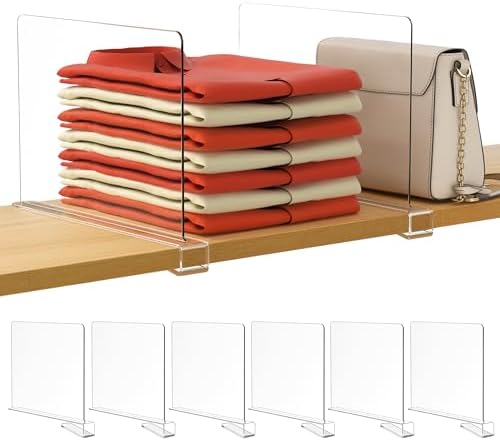 HBlife 6 Pack Closet Organizers and Storage, Clear Shelf Dividers, Vertical Purse Organizer for Closet Perfect for Sweater, Shirts, Handbags in Bedroom and Kitchen, Acrylic Bookshelf for Organization by HBlife