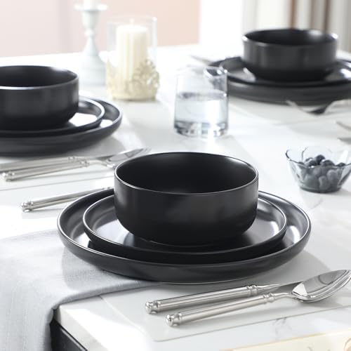 MALACASA 12 Pcs Porcelain Plates and Bowls Sets,Dinnerware Set for 4,Black - Image 5