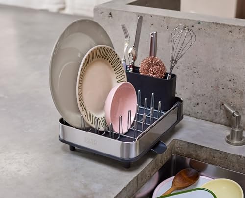 Joseph Joseph Extend Slim Steel Expandable Dish Drying Rack with Removable Cutlery Holder and Swivel Draining Spout, Compact Design, Grey, Small (Pack of 4) - Image 3