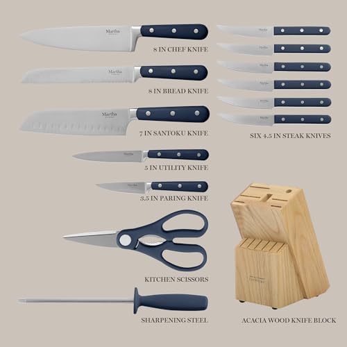 MARTHA STEWART Eastwalk 14 Piece High Carbon Staineless Steel Cutlery Set w/ABS Triple Riveted Forged Handle Acacia Wood Block - Navy Blue - Image 3
