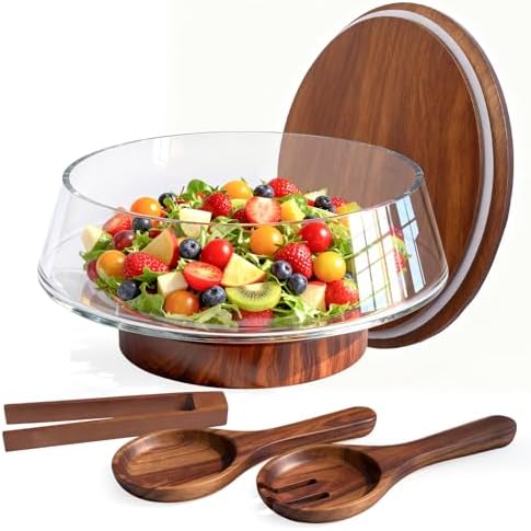 Extra Large Glass Salad Bowl with Lid Set, 5-Qt (160 fl oz) Mixing/Serving Bowl with Wood Base & Salad Servers, Trifle Bowl for Kitchen, Parties & Christmas by Airsent