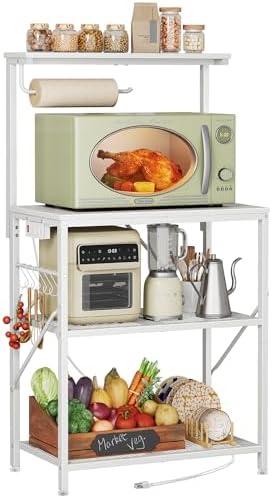 Huuger 4-Tier Bakers Rack with Reversible Power Outlet, 23.6 Inch Microwave Stand, Kitchen Coffee Bar, with Top Shelf, 6 S Hooks, White by Huuger
