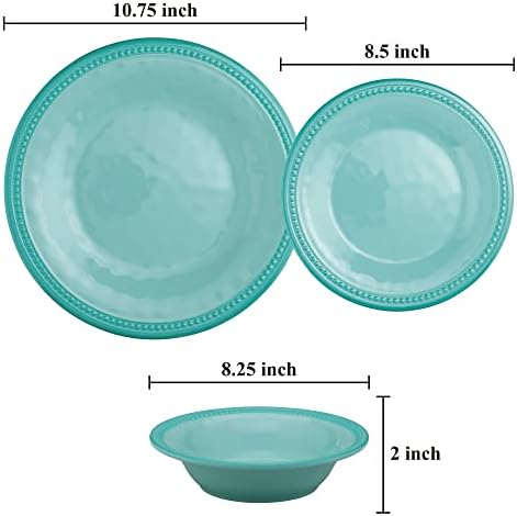 UPware 12 Piece Beaded Melamine Dinnerware Sets, Outdoor Dishes Set, Plates and Bowls Sets, Service for 4, Aqua Blue - Image 3