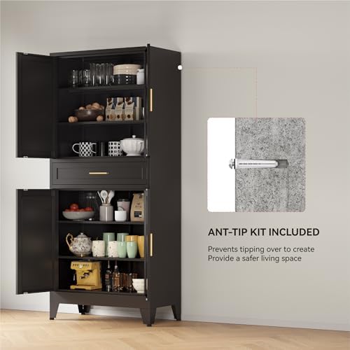 YAUWOH 71''Tall Kitchen Pantry Cabinet with Drawer,6-Tiers Metal Pantry Storage Cabinet with 4 Adjustable Shelves and 4 Barn Doors, Freestanding Farmhouse Food Cupboard for Dining Room (1PC,Black) - Image 7