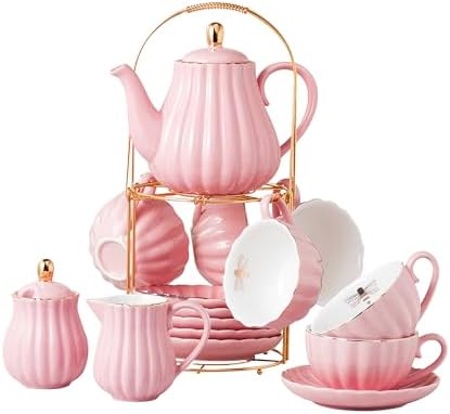 CLAY TONIC- 8 OZ Porcelain Pink Coffee/Teacup and Saucer Set with Holder by CLAY+TONIC