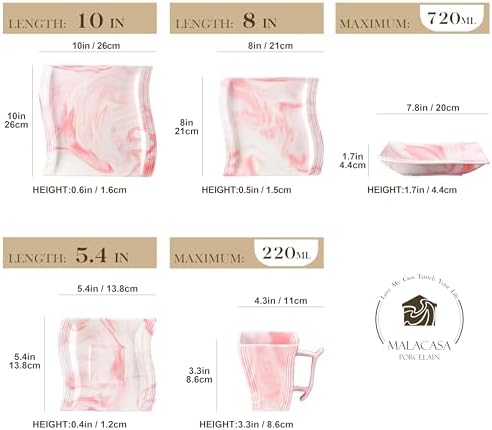 MALACASA Dinnerware Sets, 30-Piece Pink Plates and Bowls Sets for 6, Porcelain Dinnerware Set with Plates and Bowls, Cups and Sacuers, Square Dish Set, Modern Dining Ware Set, Series Flora - Image 2