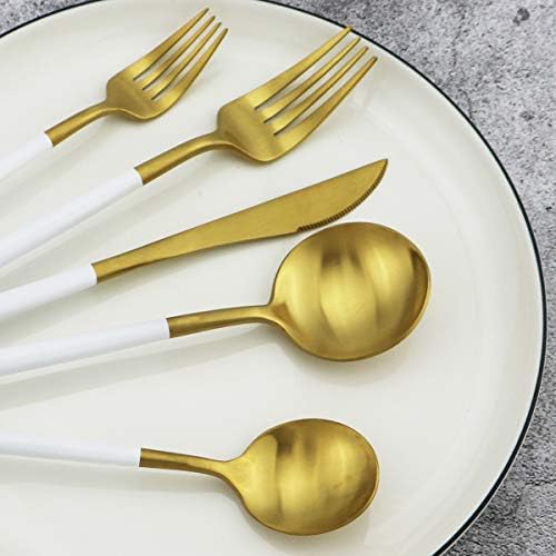 White Handle Matte Gold Silverware Set,Gugrida 5-Piece 18/10 Stainless Steel Satin Finish Flatware Set,Kitchen Utensil Set,Tableware Travel Cutlery Set for Camping Office Lunch, Dishwasher Safe - Image 3